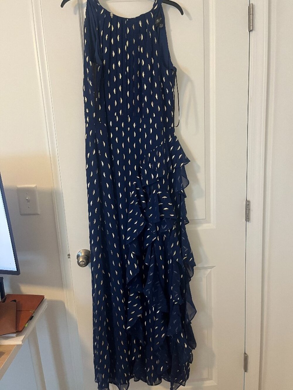 Betsy & Adam Navy Blue Gold Metallic Chiffon Tiered Evening Gown Dress 12